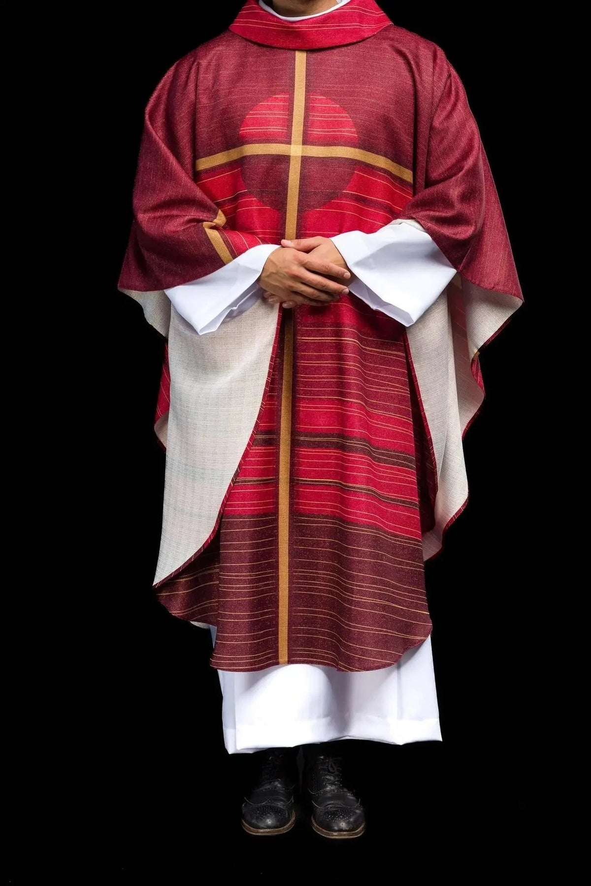 Red chasuble with printed cross — fit on celebrant