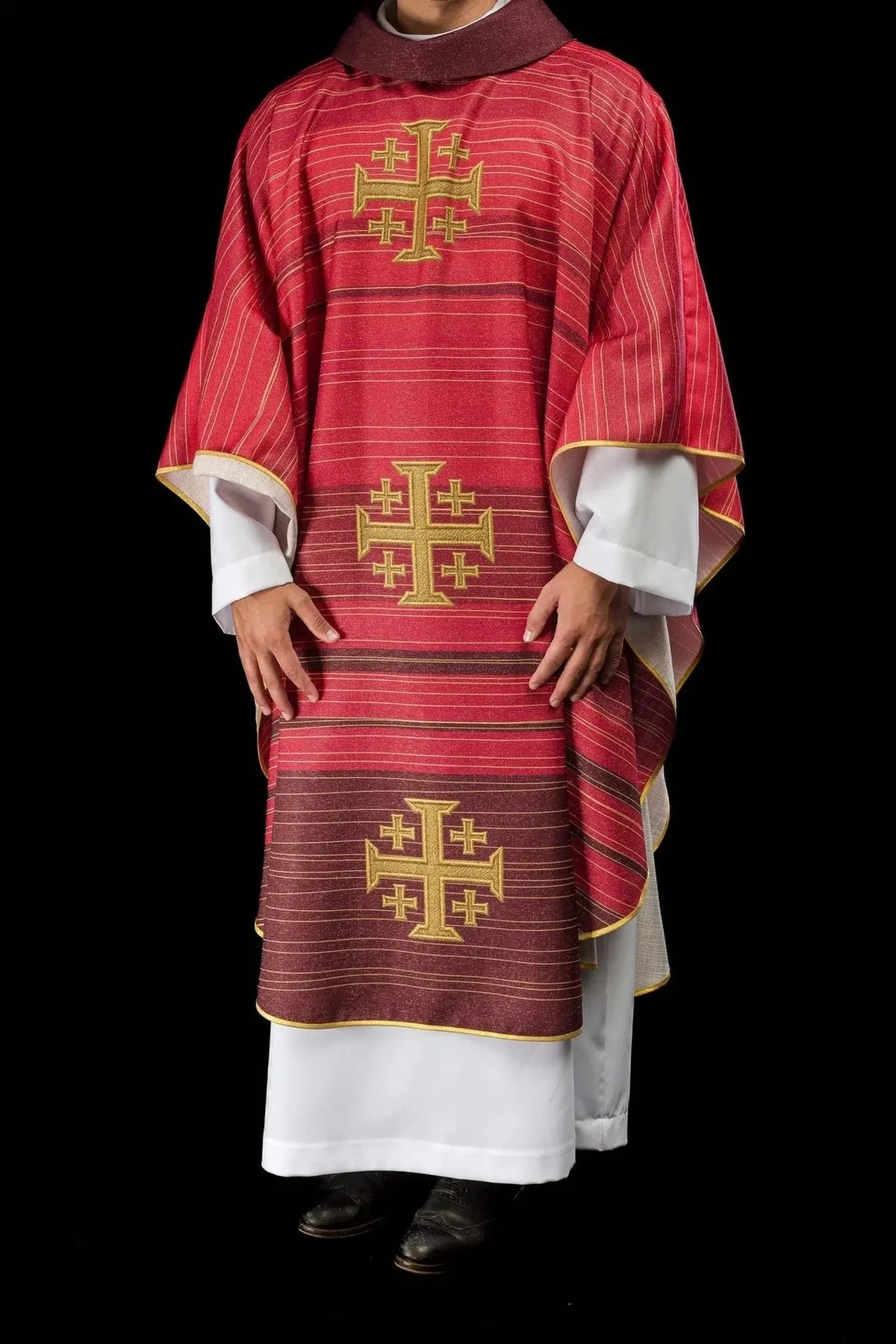 Red chasuble with printed Jerusalem Cross — product view