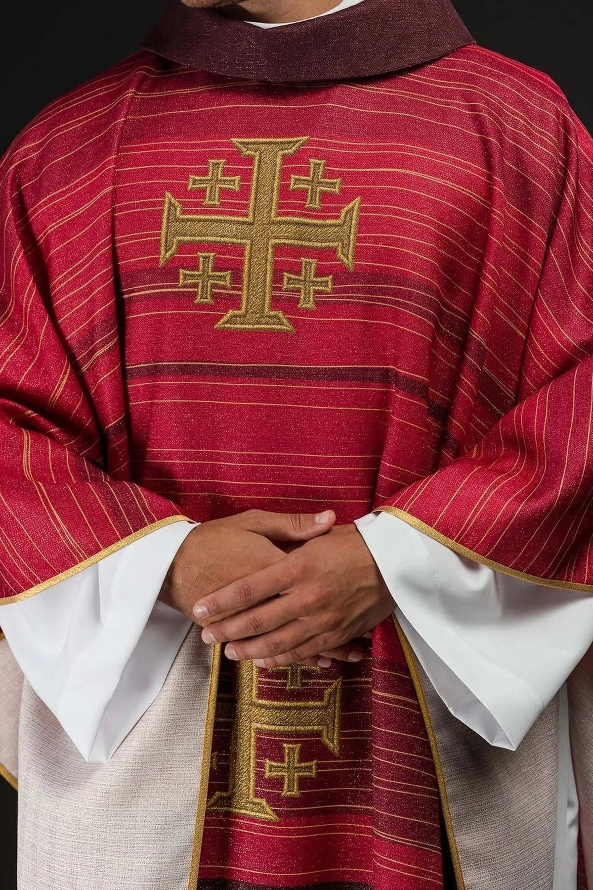 Red chasuble with printed Jerusalem Cross — full view