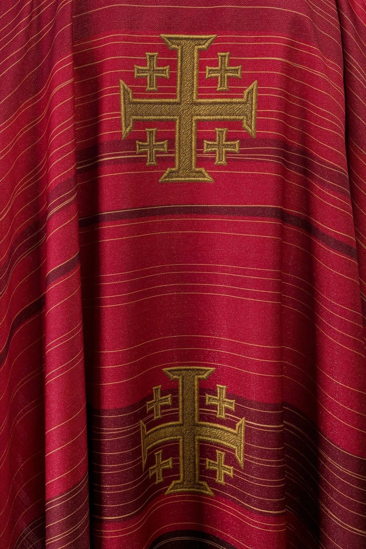 Red chasuble with printed Jerusalem Cross — print close-up