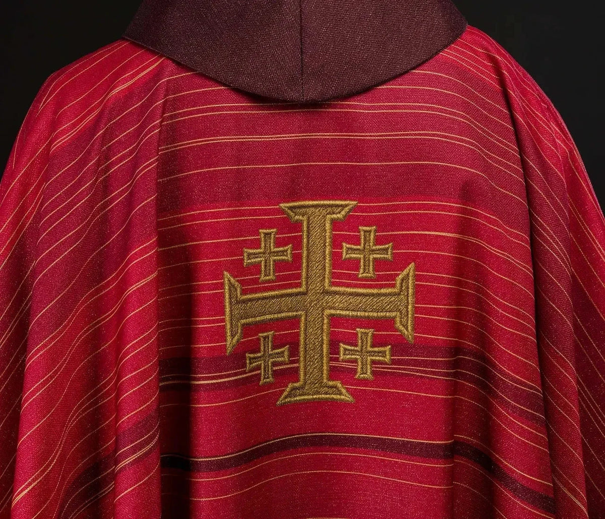 Red chasuble with printed Jerusalem Cross — front view