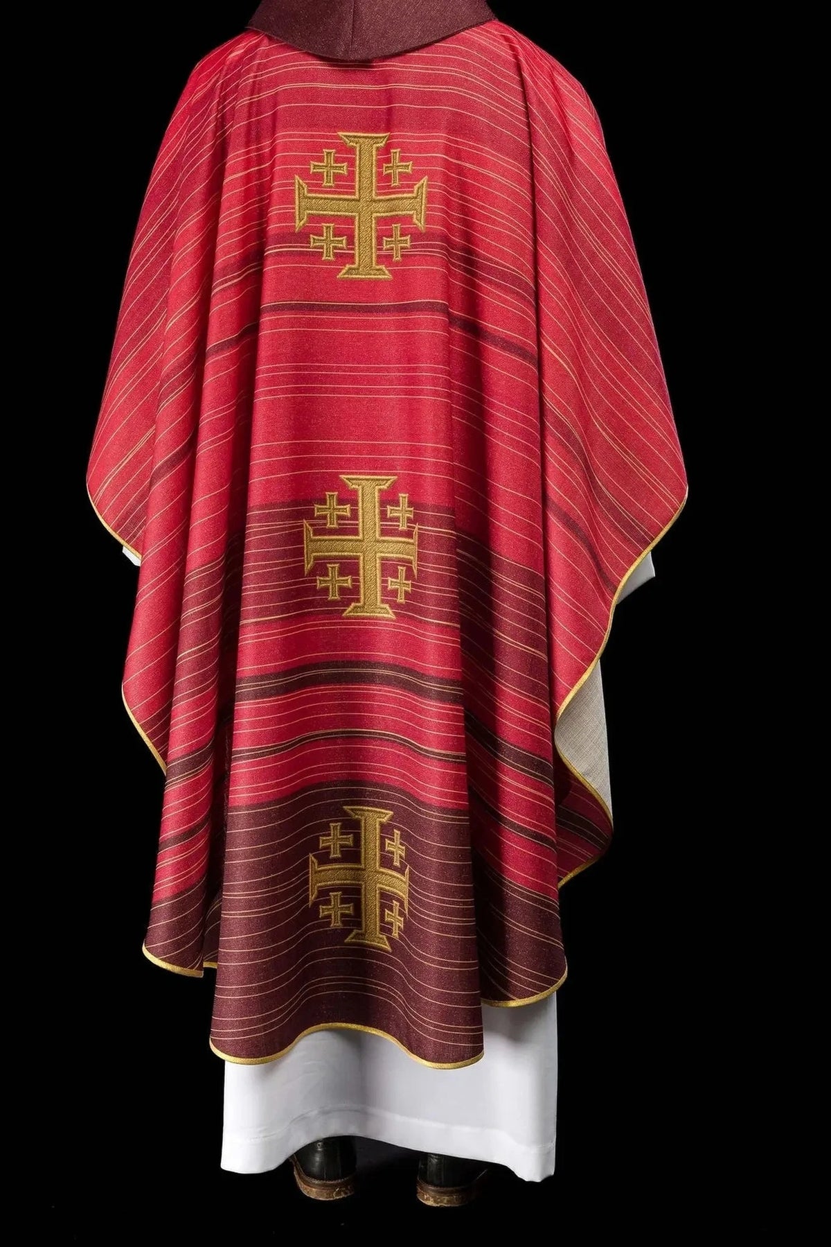Red chasuble with printed Jerusalem Cross — back view