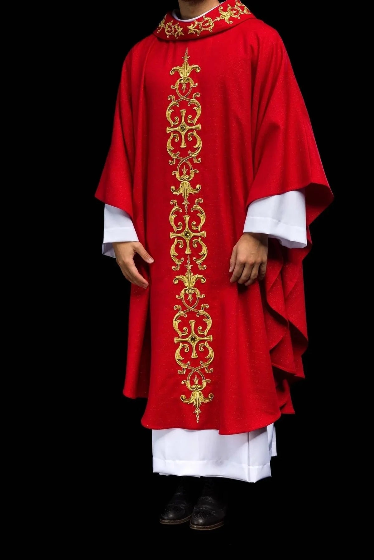 Richly Embroidered Red Chasuble with Decorative Stones — full view
