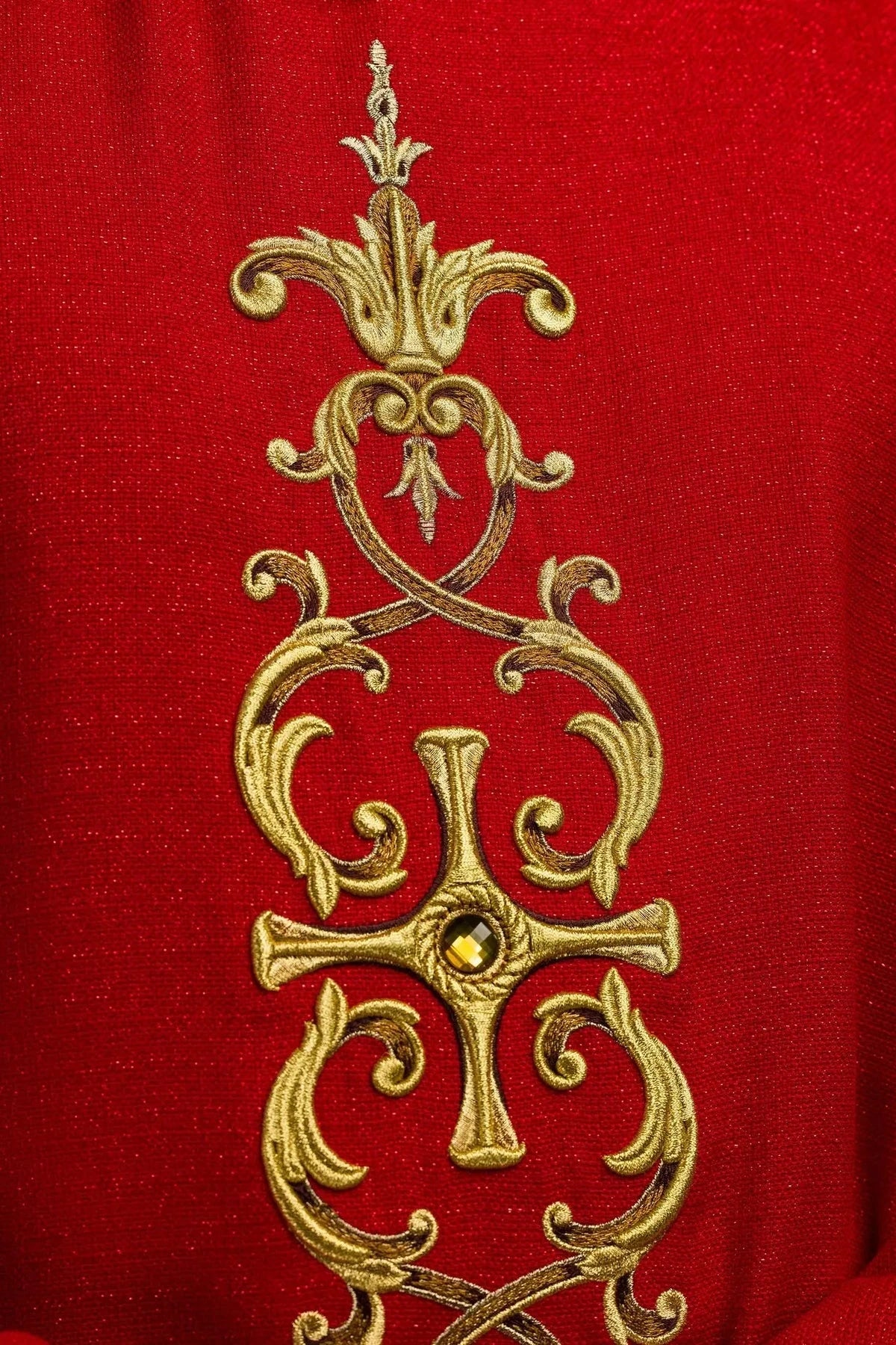 Richly Embroidered Red Chasuble with Decorative Stones — embroidery close-up