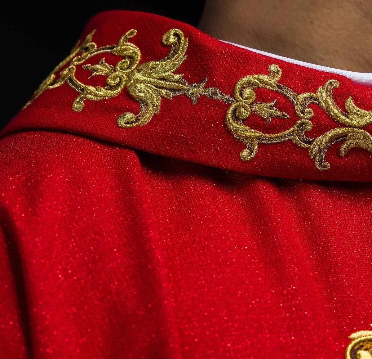 Richly Embroidered Red Chasuble with Decorative Stones — collar finish