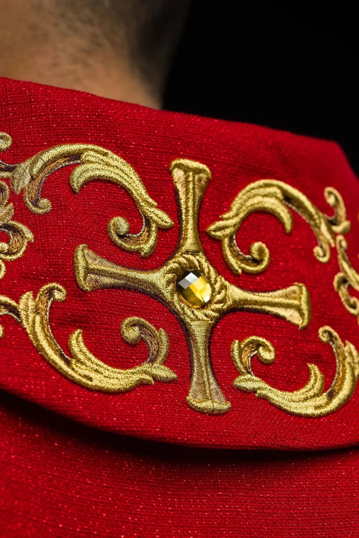 Richly Embroidered Red Chasuble with Decorative Stones — front view