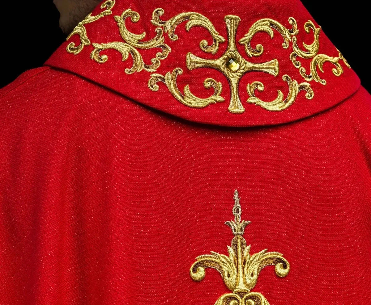 Richly Embroidered Red Chasuble with Decorative Stones — back view