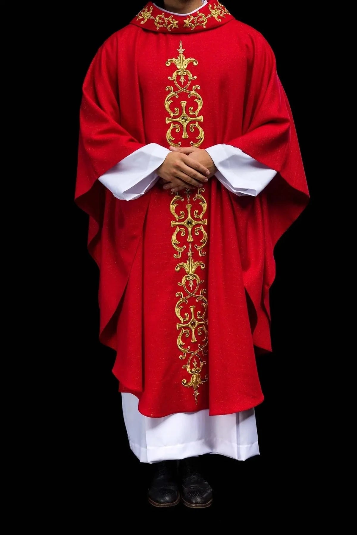 Richly Embroidered Red Chasuble with Decorative Stones — fit on celebrant