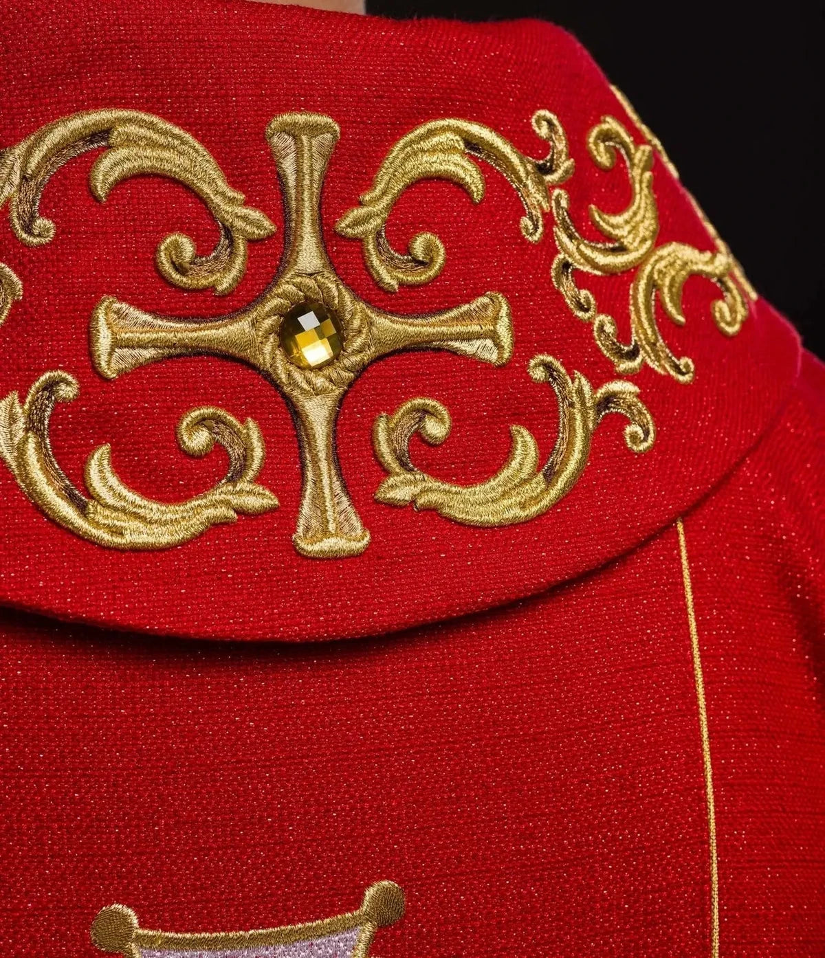 Red Chasuble with Rich Saint Florian Embroidery — decoration close-up