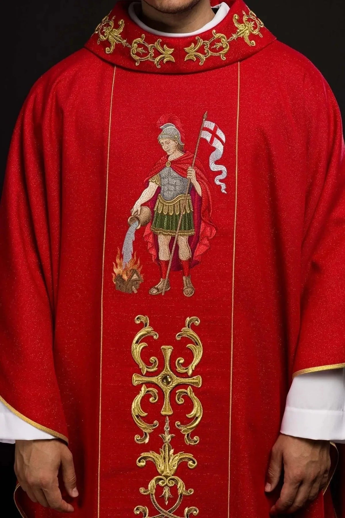 Red Chasuble with Rich Saint Florian Embroidery — detail view 17