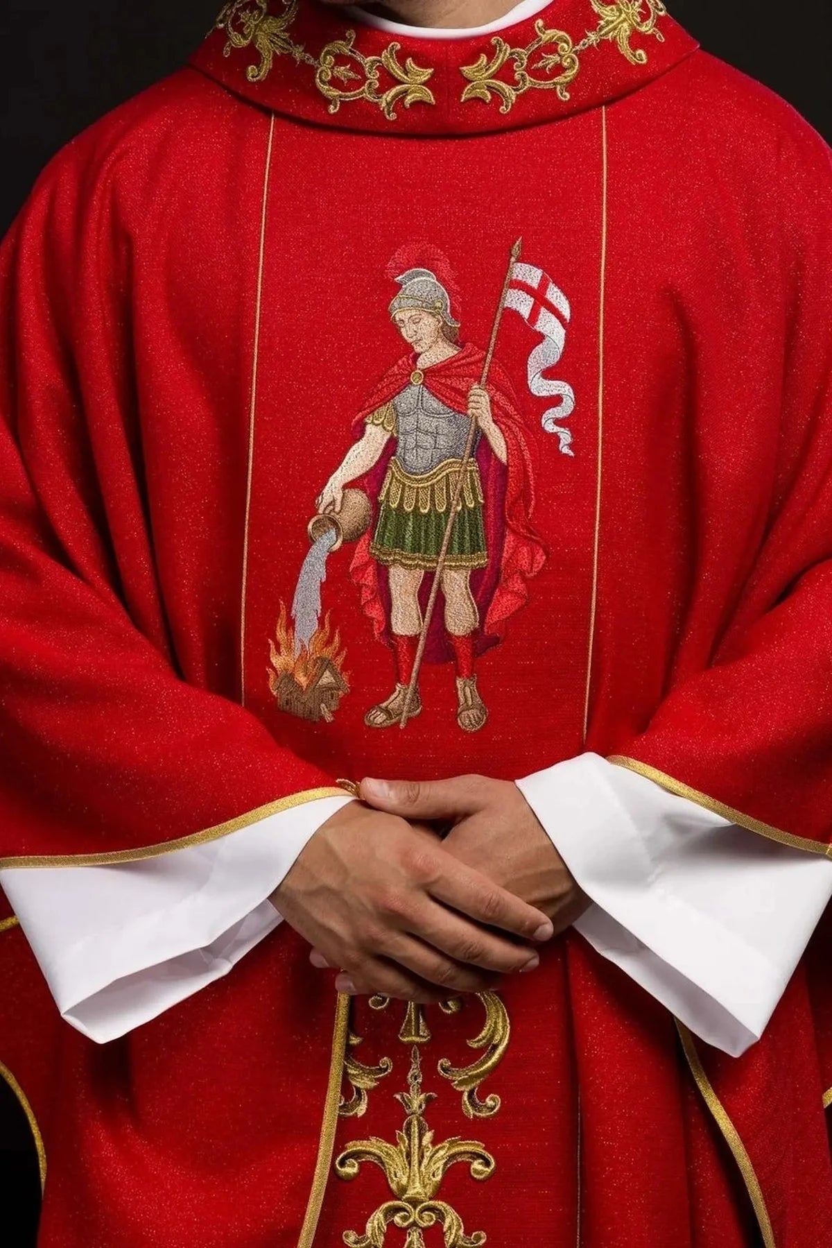 Red Chasuble with Rich Saint Florian Embroidery — full view