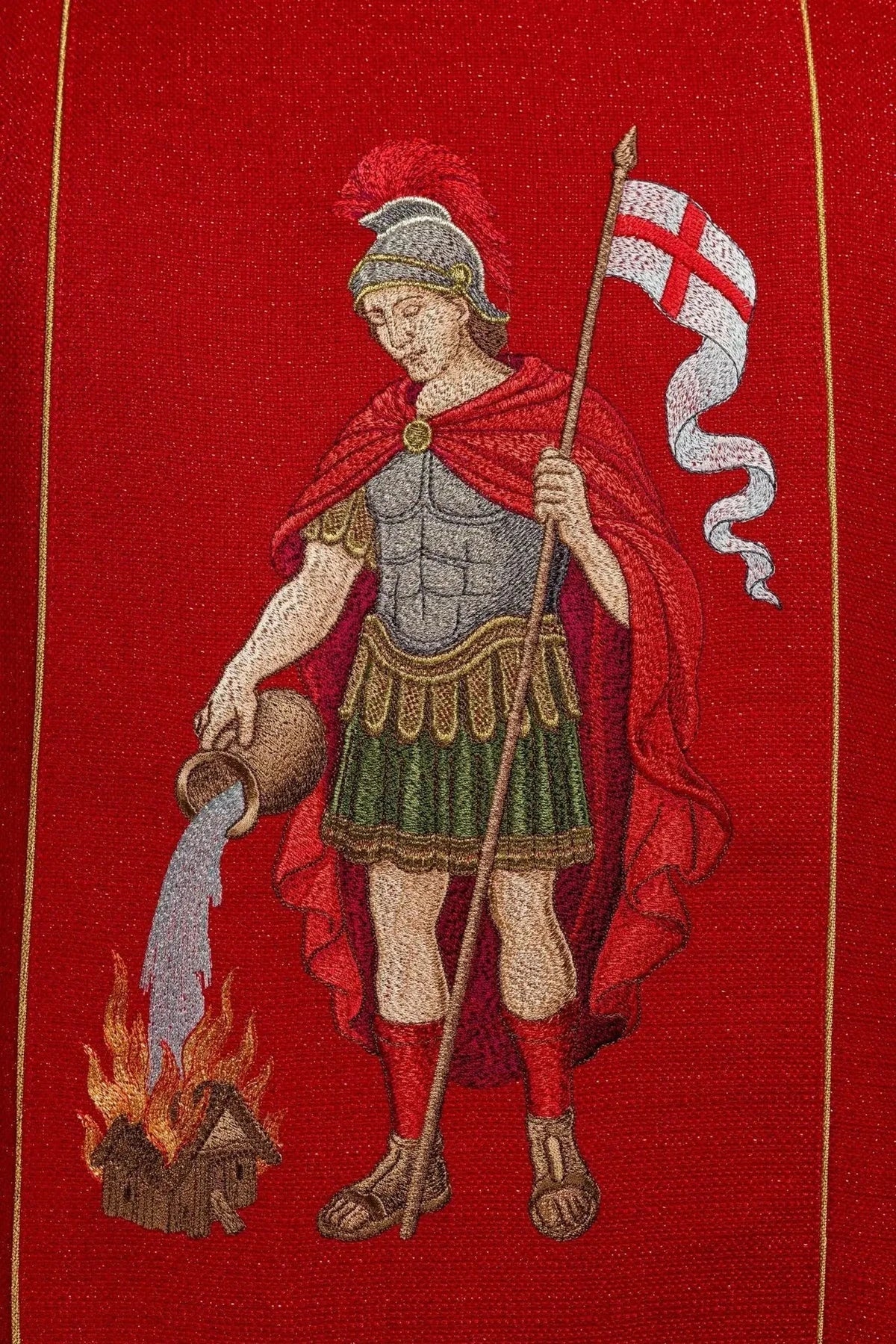 Red Chasuble with Rich Saint Florian Embroidery — embroidery close-up