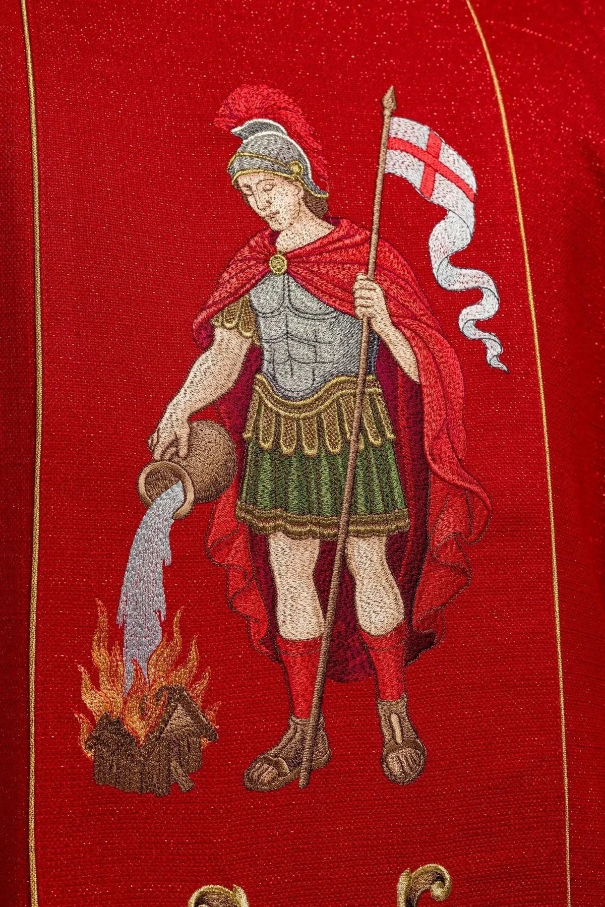 Red Chasuble with Rich Saint Florian Embroidery — symbol detail