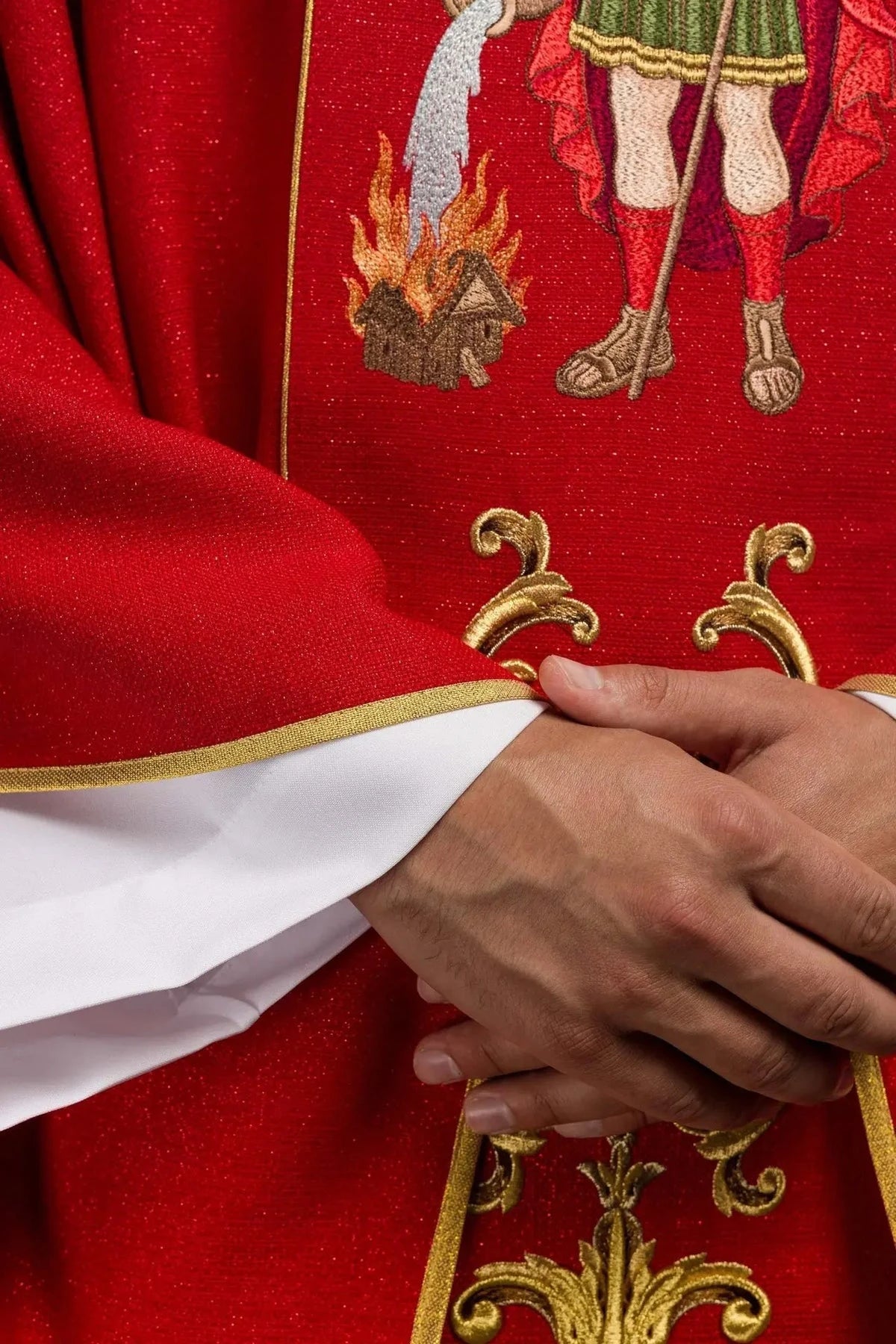 Red Chasuble with Rich Saint Florian Embroidery — collar finish