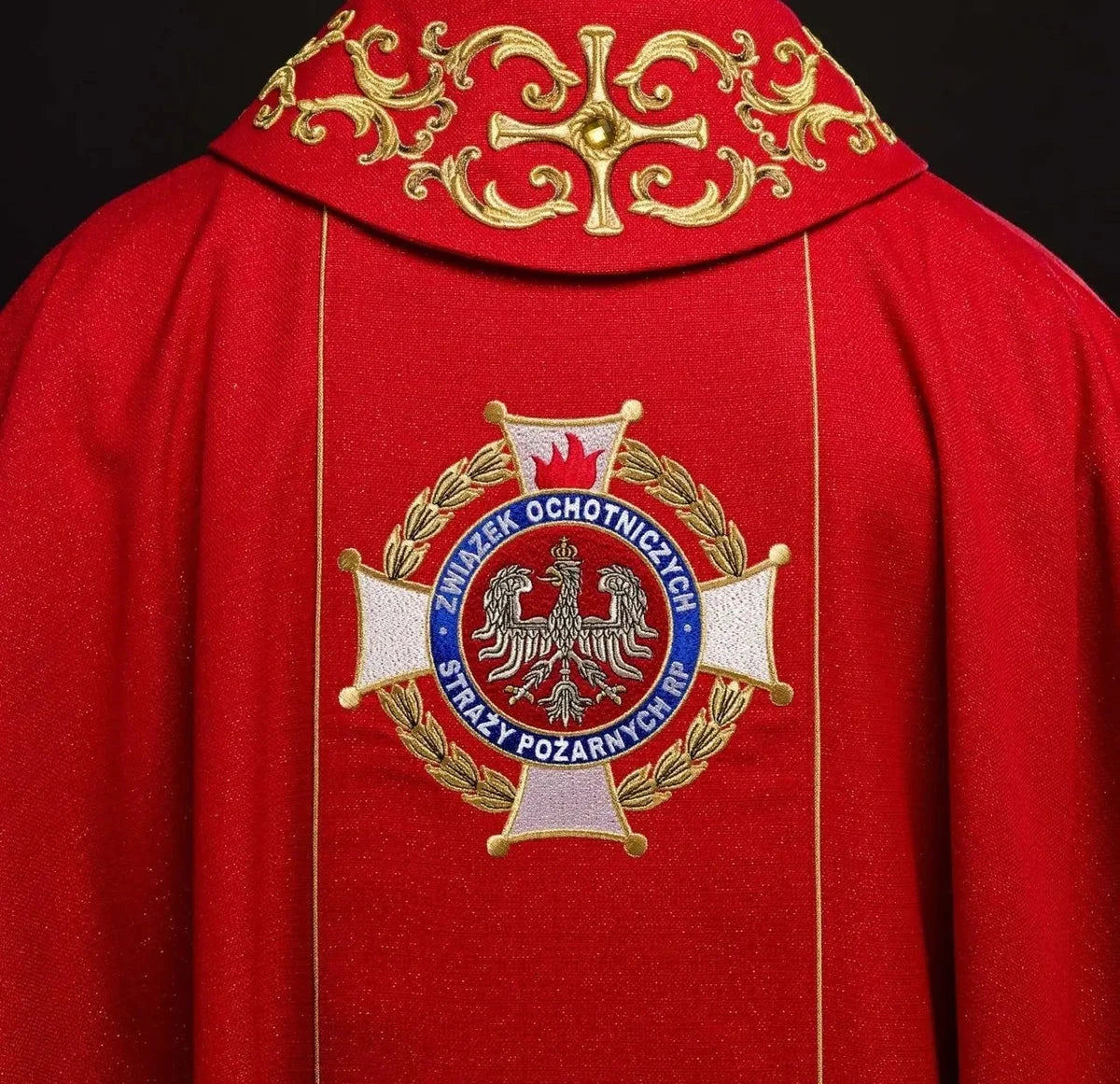 Red Chasuble with Rich Saint Florian Embroidery — fabric detail