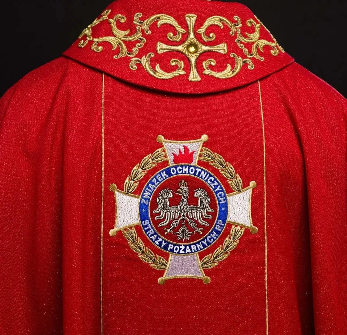 Red Chasuble with Rich Saint Florian Embroidery — fit on celebrant
