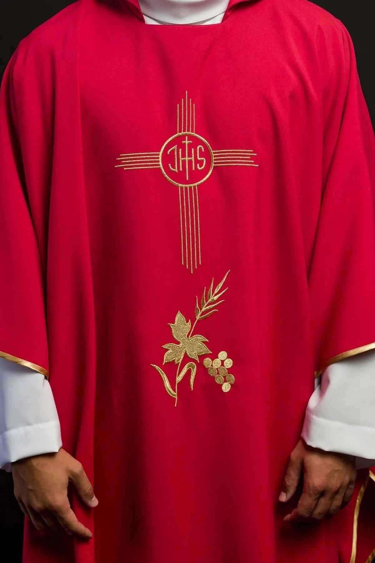 Red Chasuble with Wide Collar and IHS Embroidery — product view