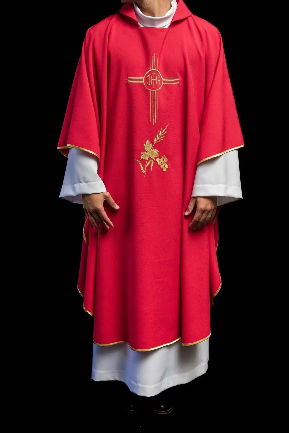 Red Chasuble with Wide Collar and IHS Embroidery — full view