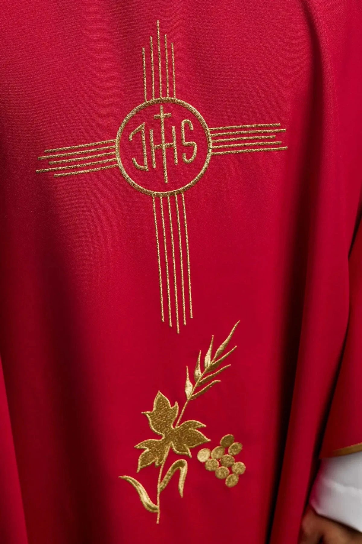 Red Chasuble with Wide Collar and IHS Embroidery — embroidery close-up