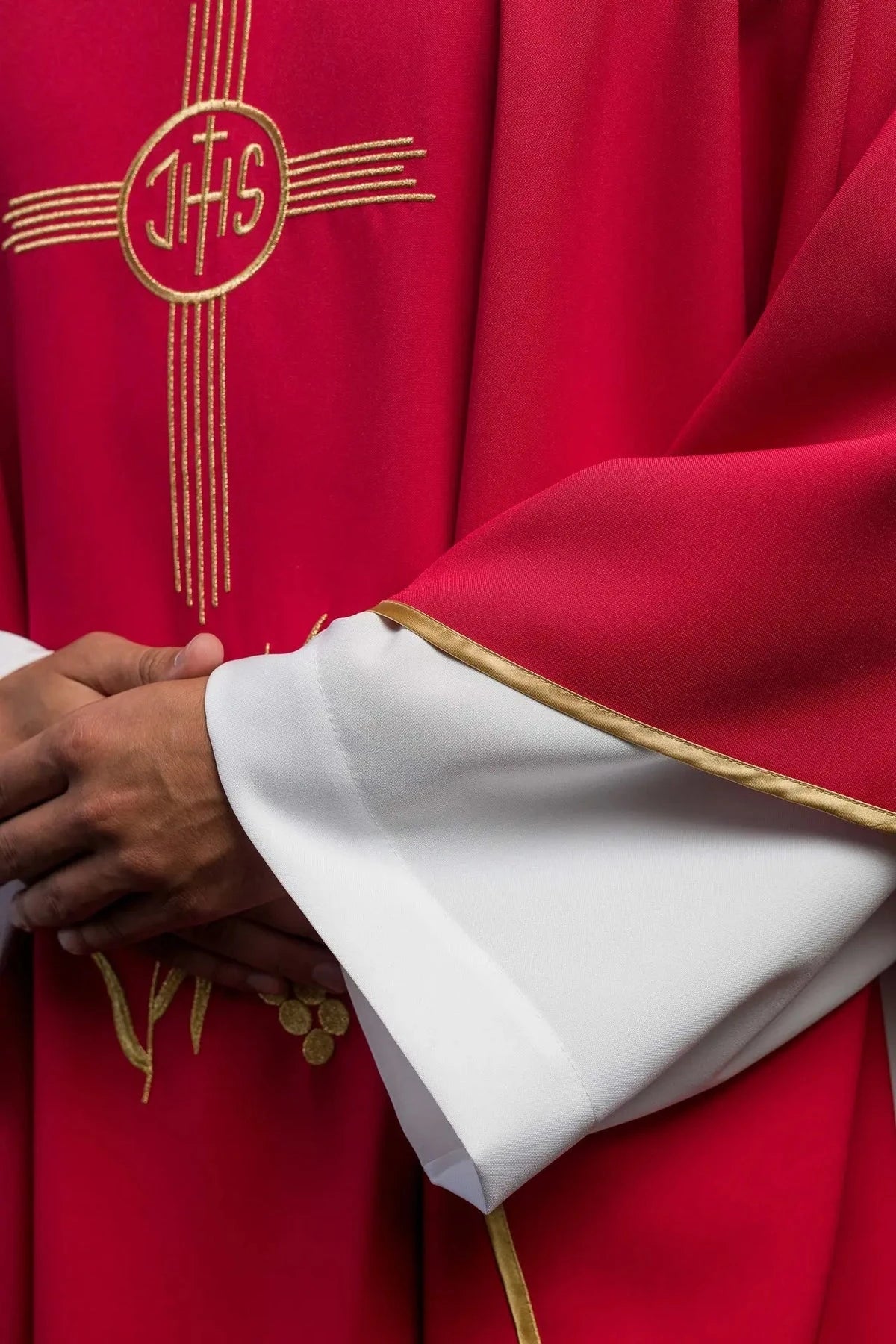 Red Chasuble with Wide Collar and IHS Embroidery — symbol detail