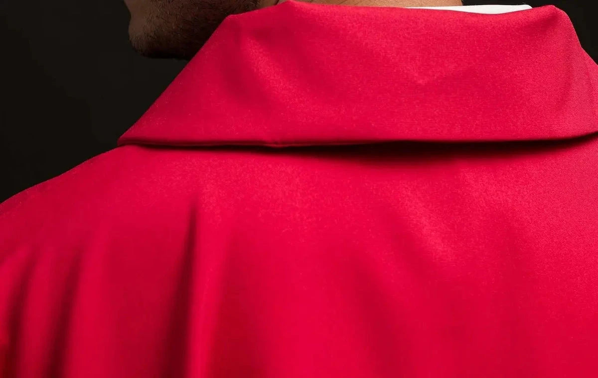 Red Chasuble with Wide Collar and IHS Embroidery — front view