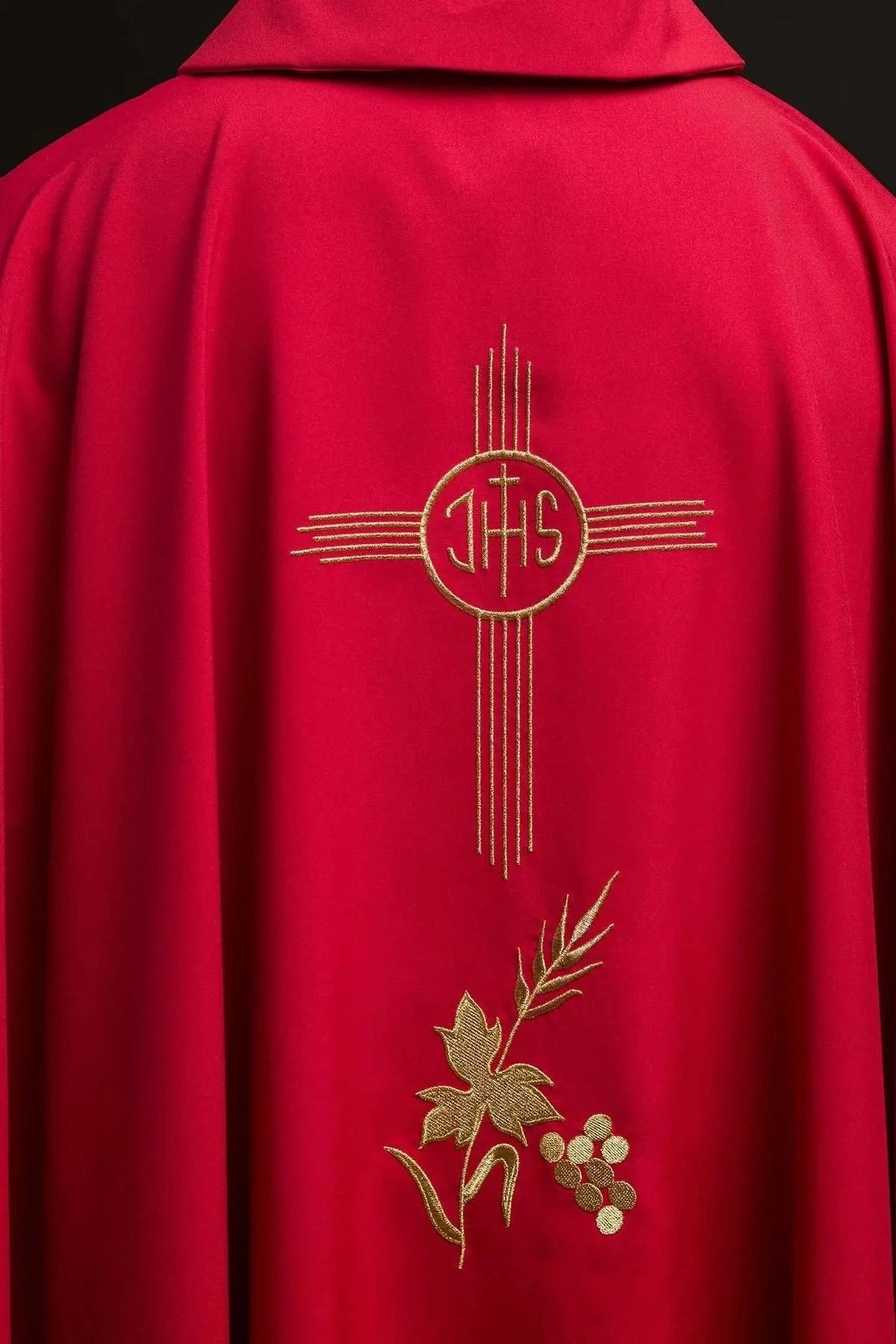 Red Chasuble with Wide Collar and IHS Embroidery — back view