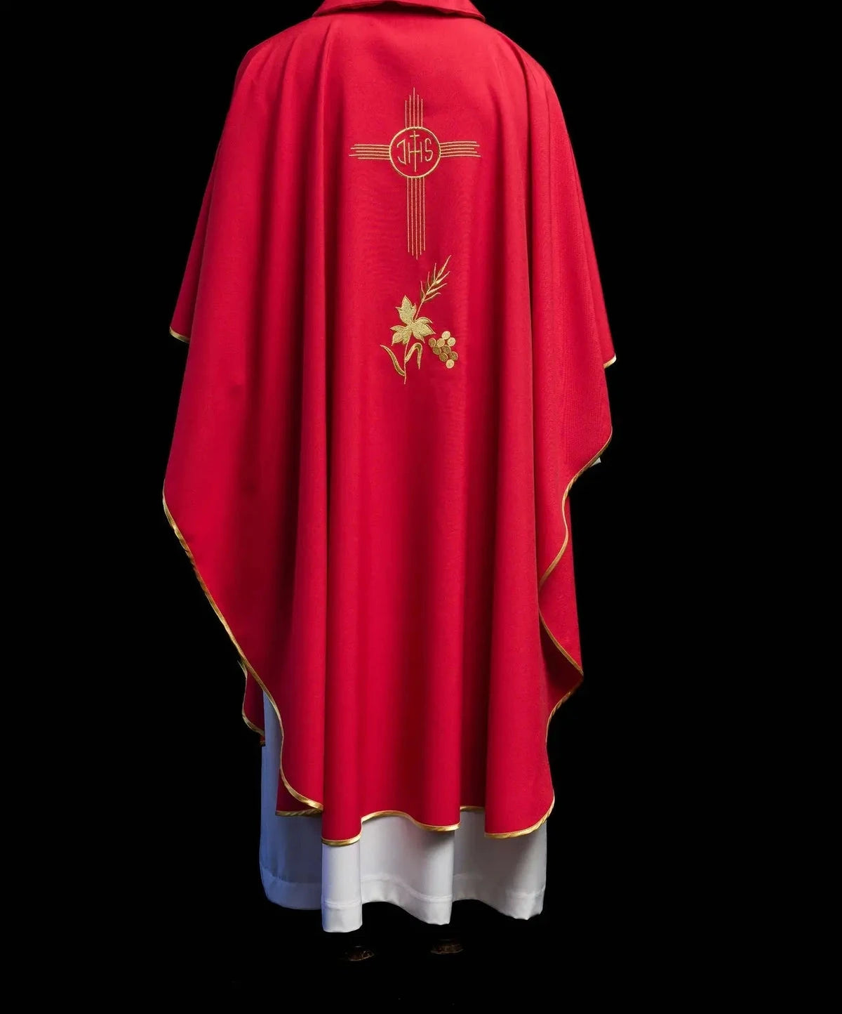 Red Chasuble with Wide Collar and IHS Embroidery — fabric detail