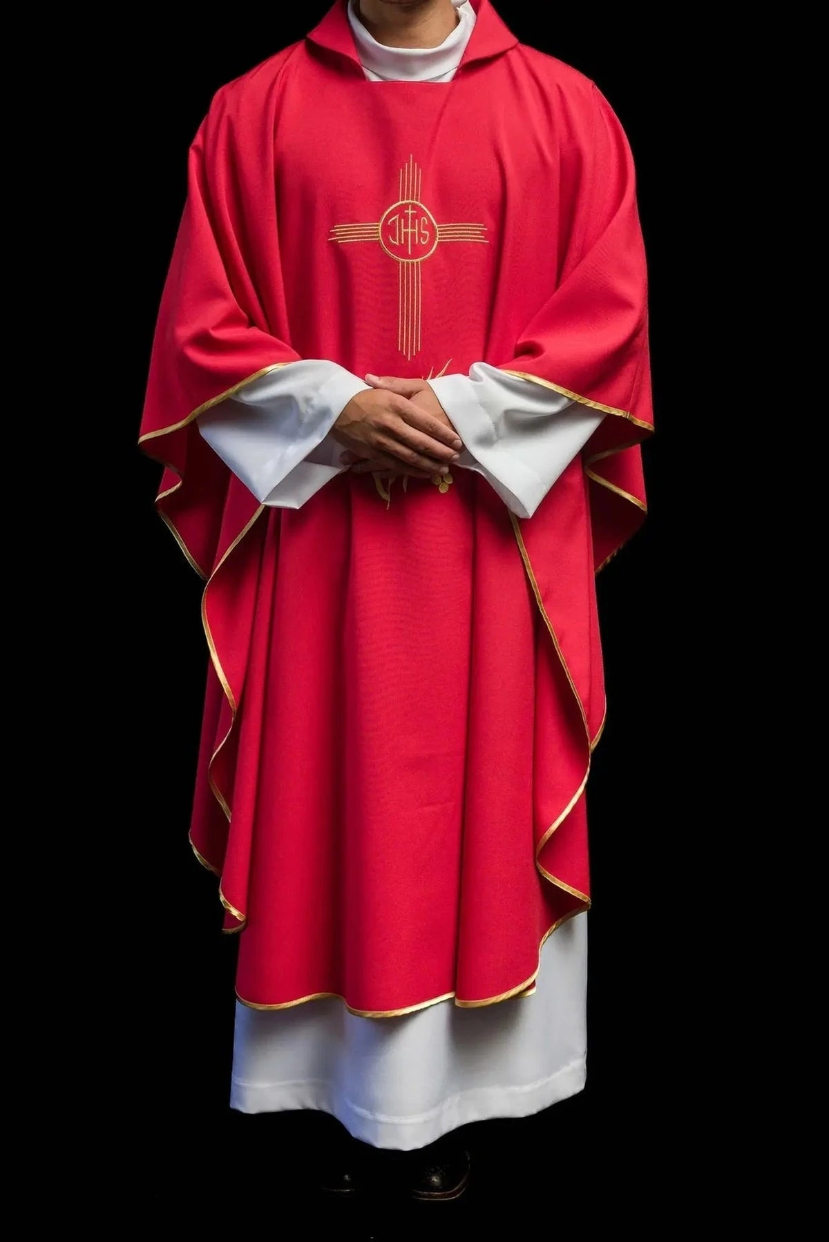 Red Chasuble with Wide Collar and IHS Embroidery — fit on celebrant