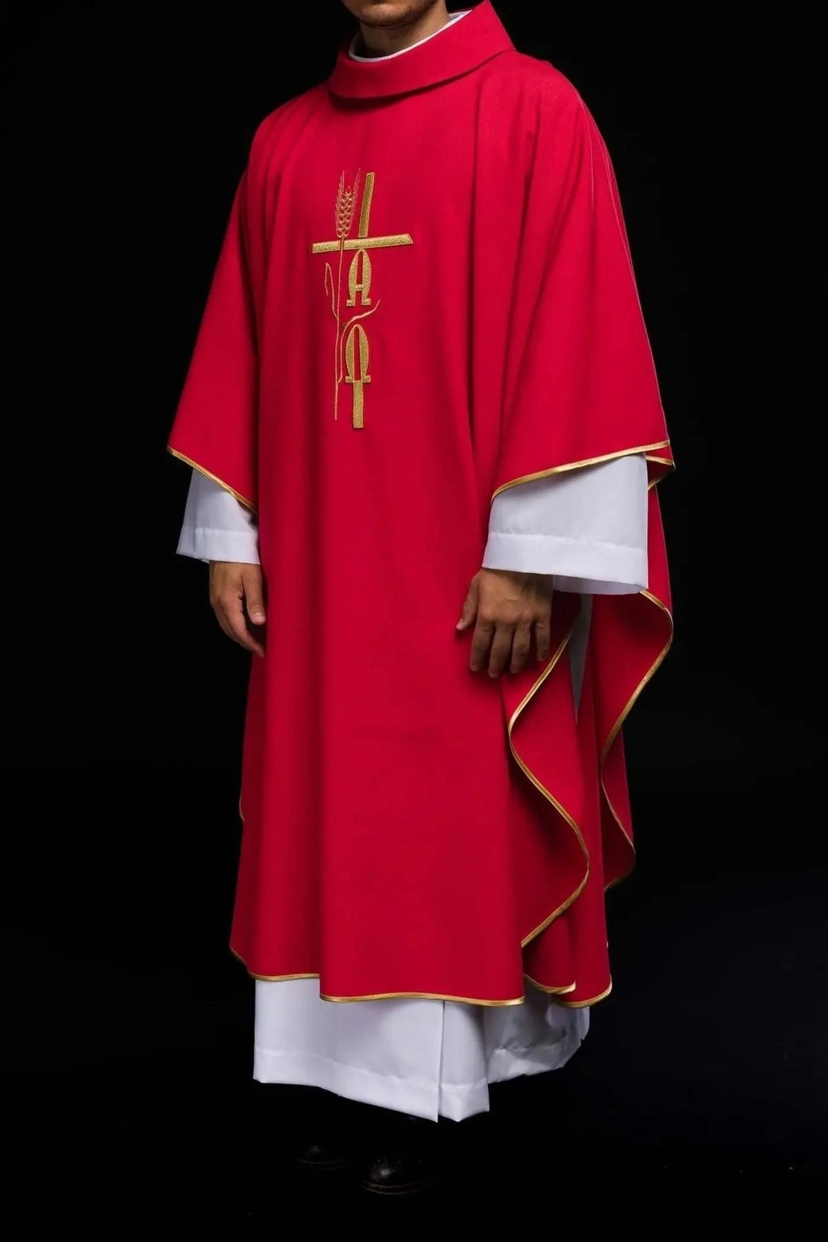 Red Chasuble with Alpha and Omega Embroidery — full view