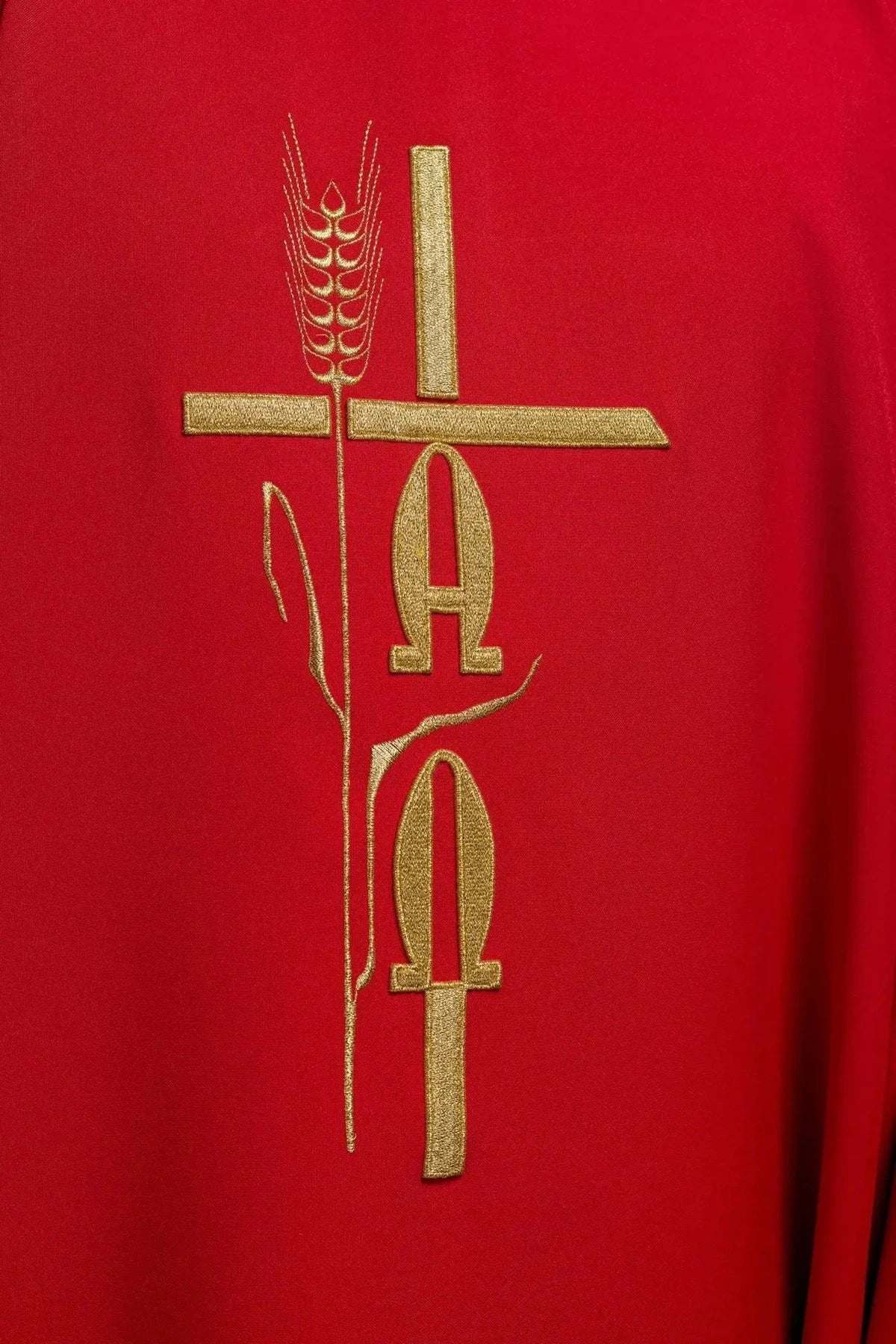 Red Chasuble with Alpha and Omega Embroidery — embroidery close-up