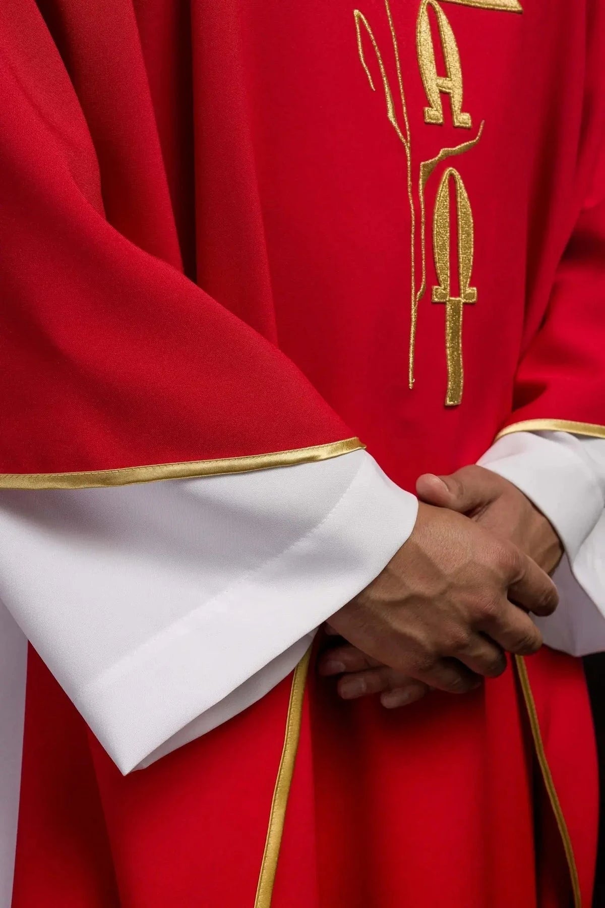 Red Chasuble with Alpha and Omega Embroidery — symbol detail
