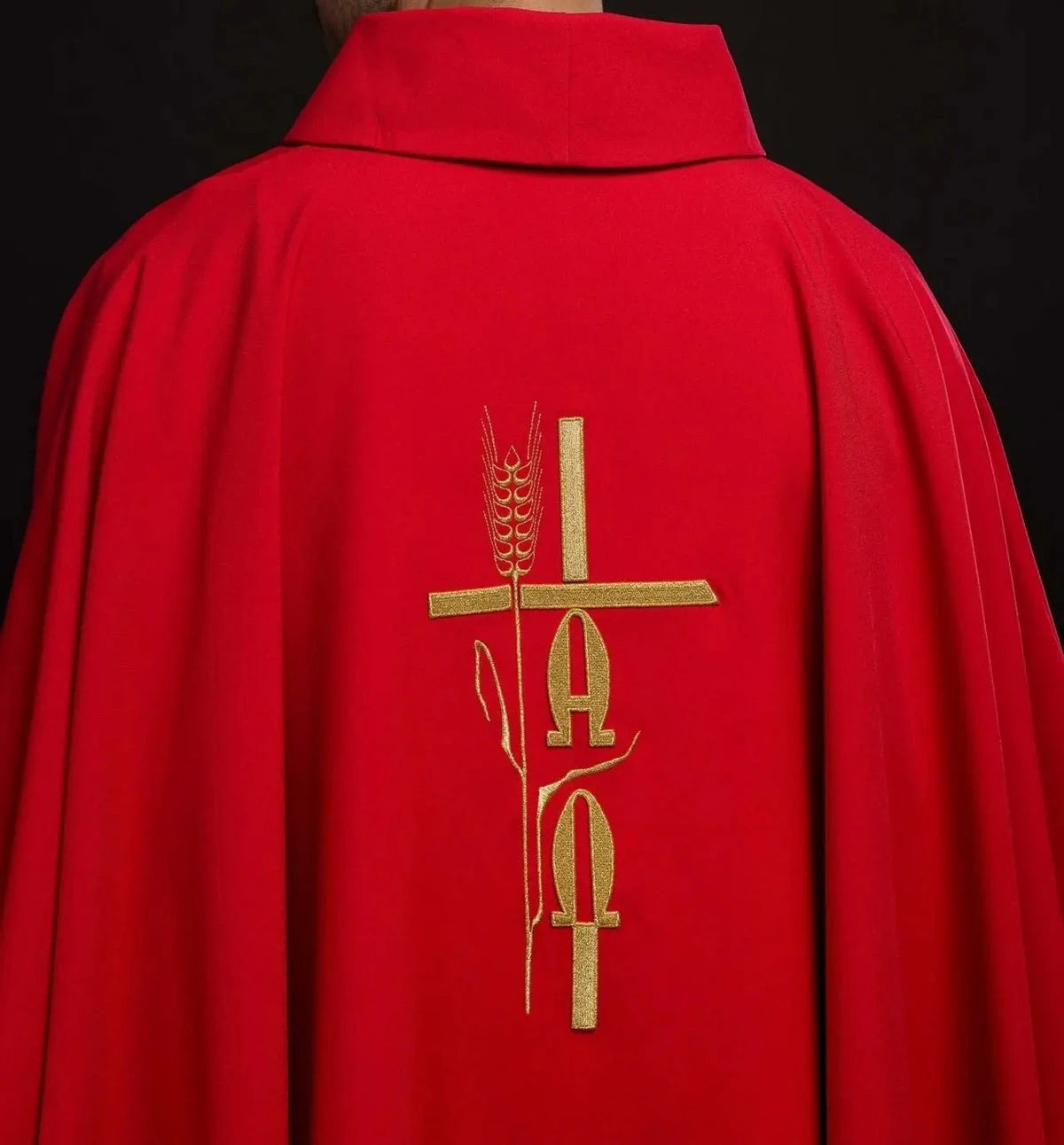 Red Chasuble with Alpha and Omega Embroidery — front view