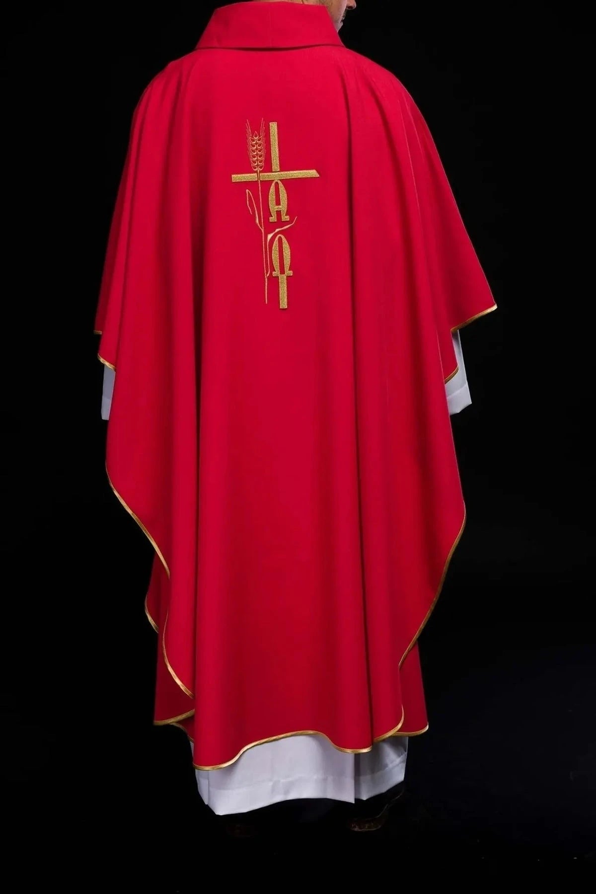 Red Chasuble with Alpha and Omega Embroidery — back view