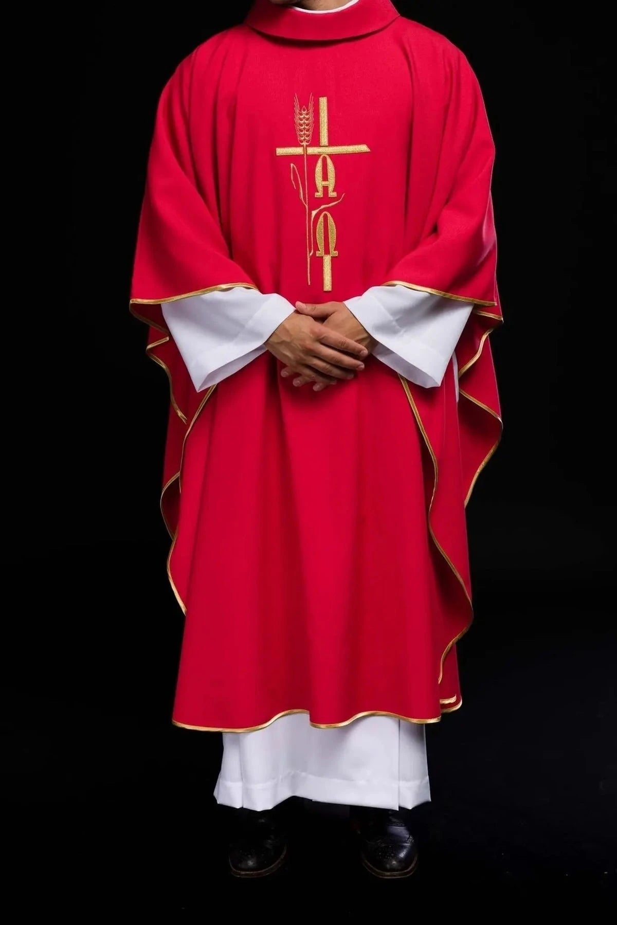 Red Chasuble with Alpha and Omega Embroidery — fabric detail