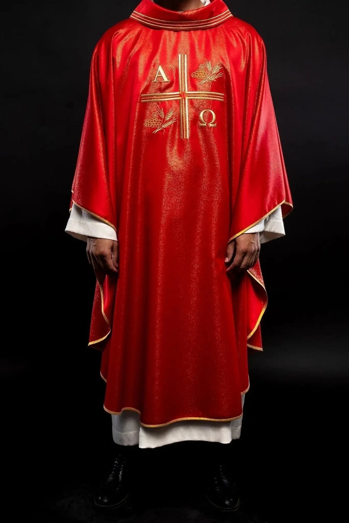 Red Chasuble with Alpha, Omega, Wheat and Cross — Full view