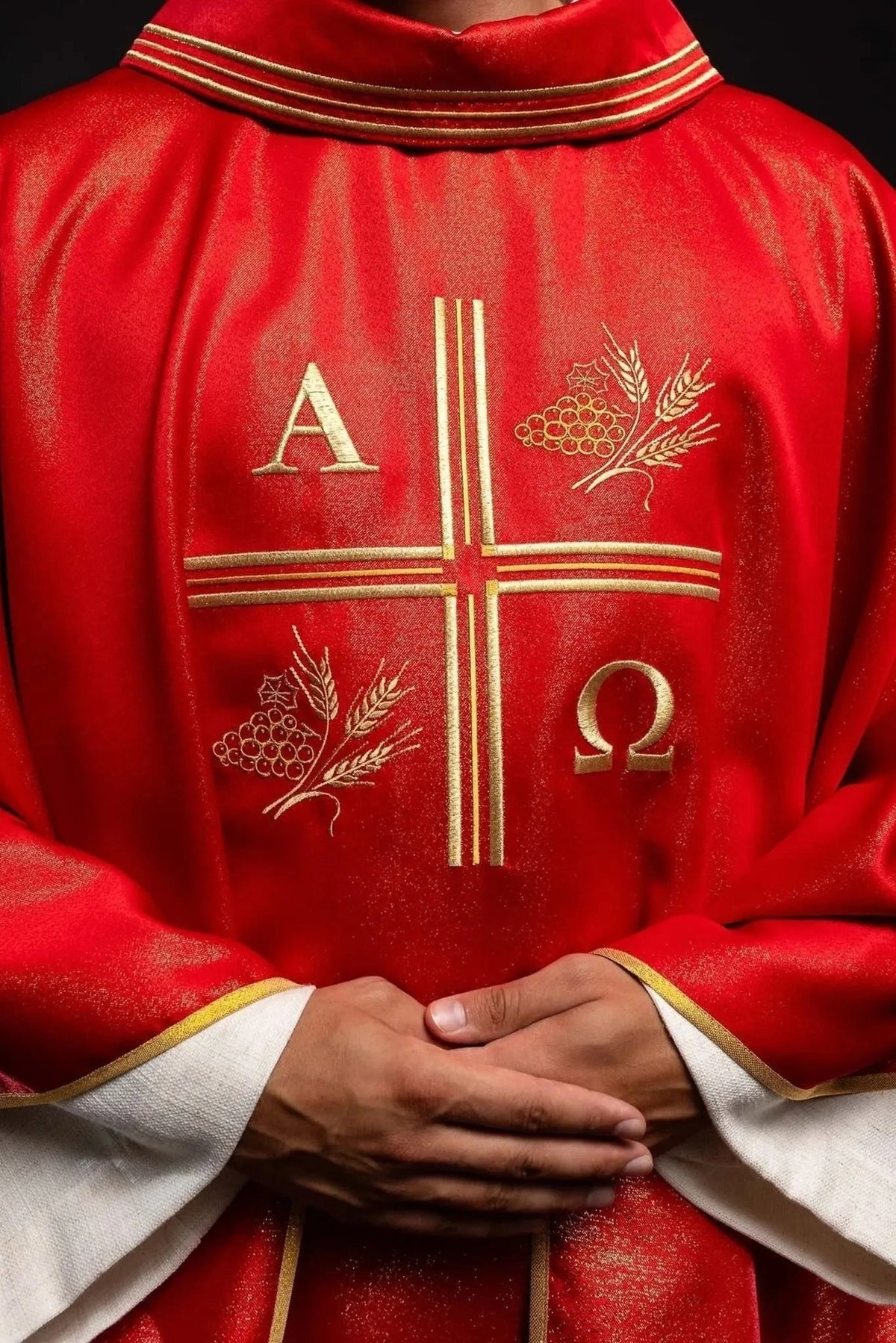 Red Chasuble with Alpha, Omega, Wheat and Cross — Embroidery close-up