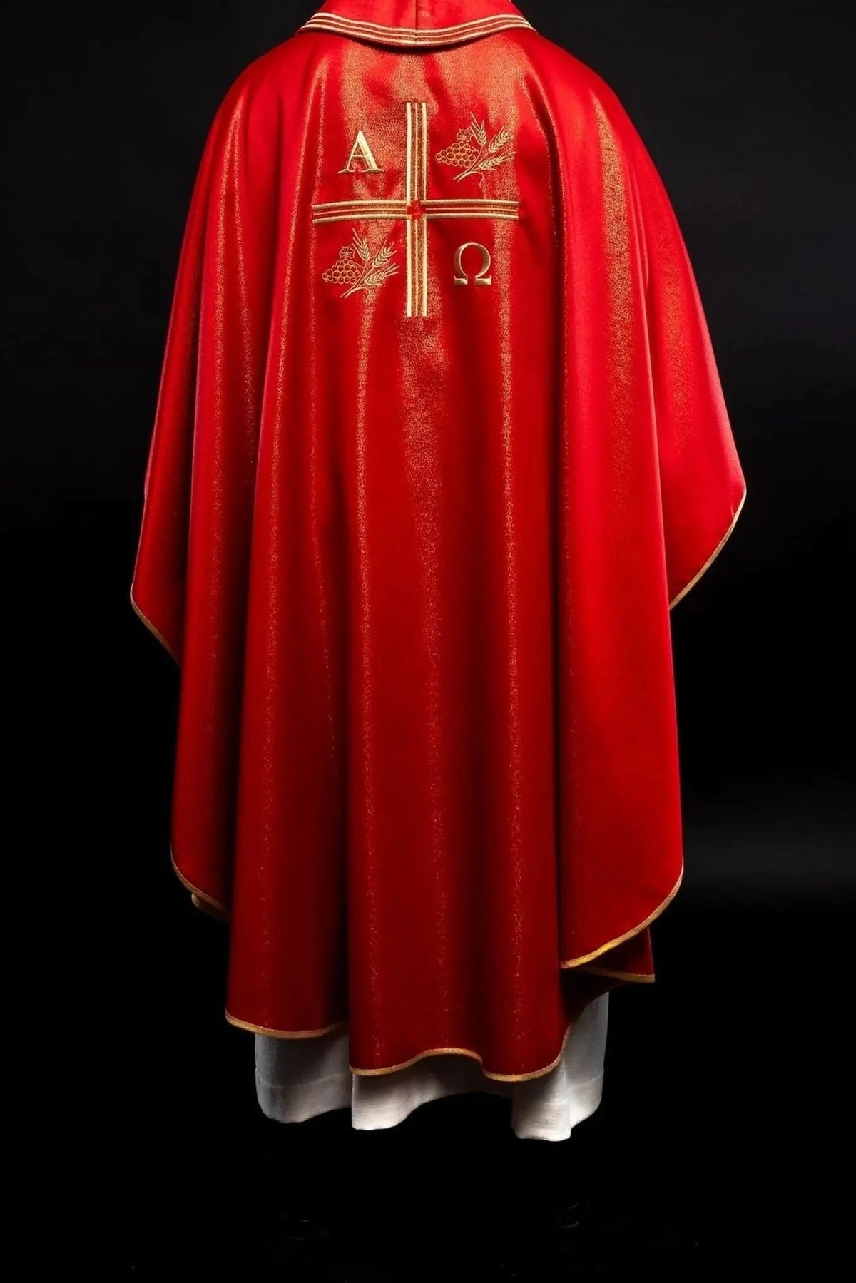 Red Chasuble with Alpha, Omega, Wheat and Cross — Collar finish