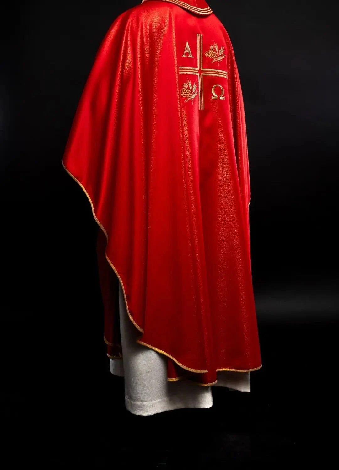 Red Chasuble with Alpha, Omega, Wheat and Cross — Front view