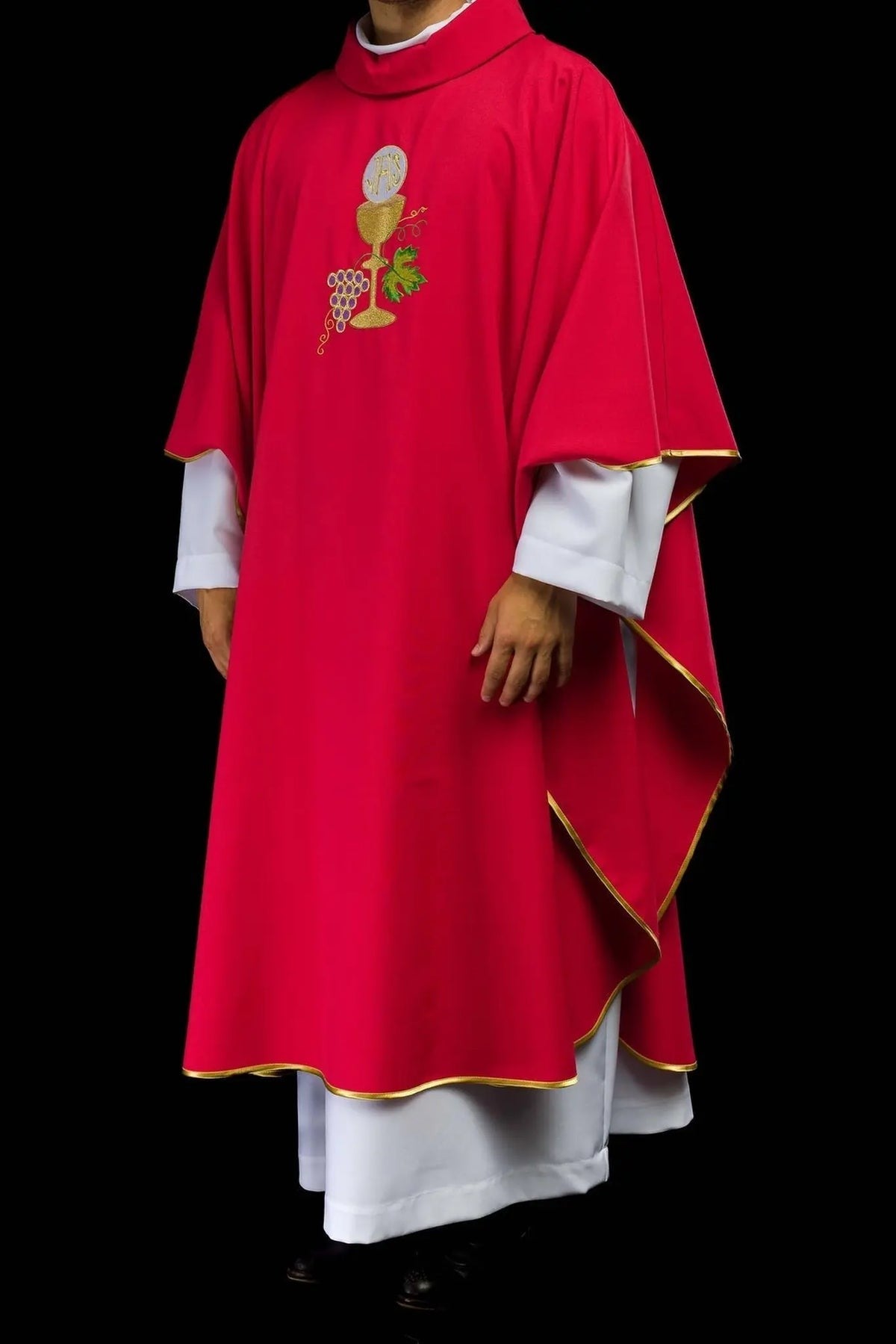 Red Chasuble with Chalice, Cross and Grapes Embroidery — full view