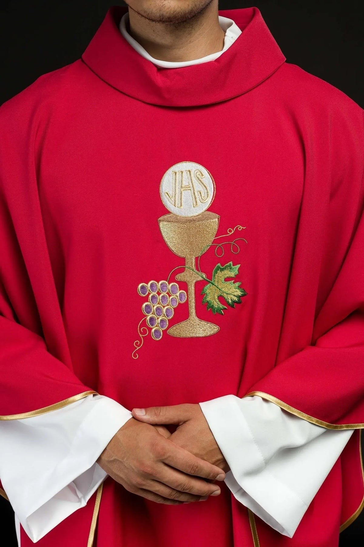 Red Chasuble with Chalice, Cross and Grapes Embroidery — symbol detail
