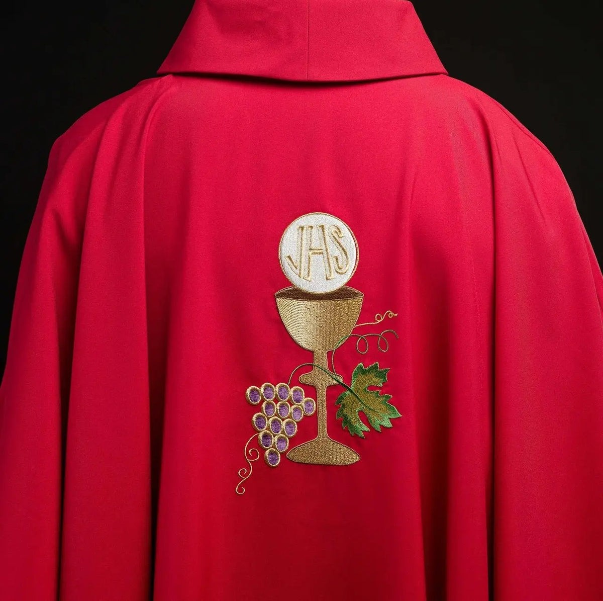 Red Chasuble with Chalice, Cross and Grapes Embroidery — fabric detail