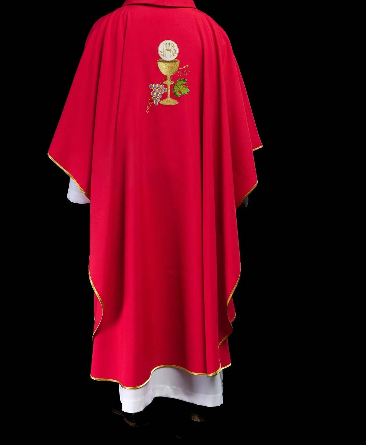 Red Chasuble with Chalice, Cross and Grapes Embroidery — fit on celebrant