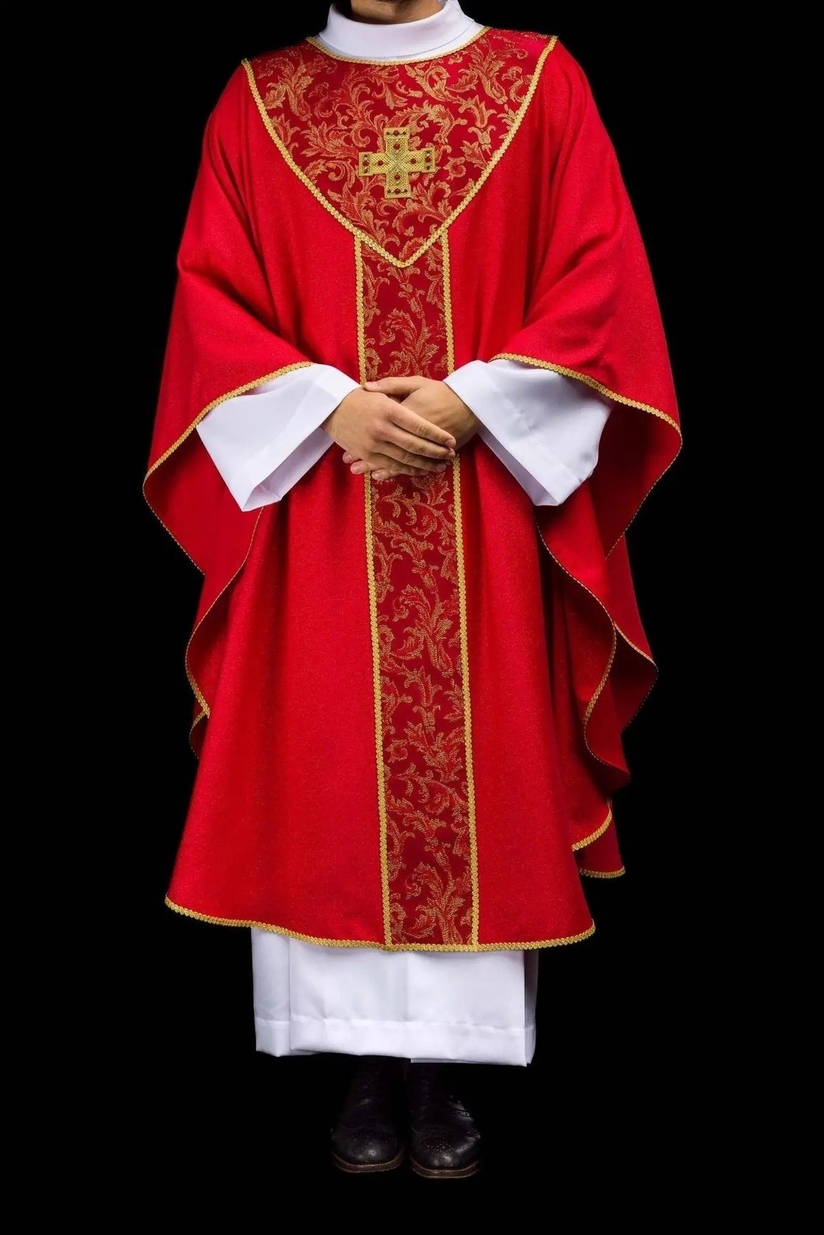 Red Chasuble with Cross and Jacquard Fabric — full view