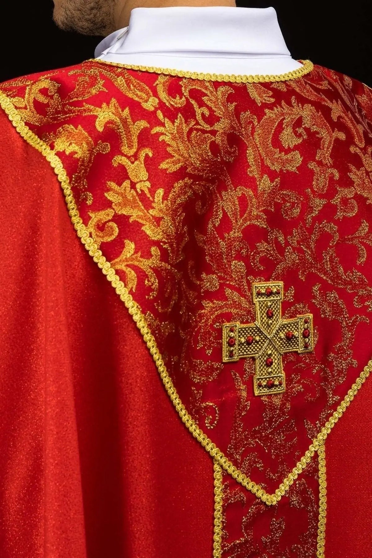 Red Chasuble with Cross and Jacquard Fabric — back view