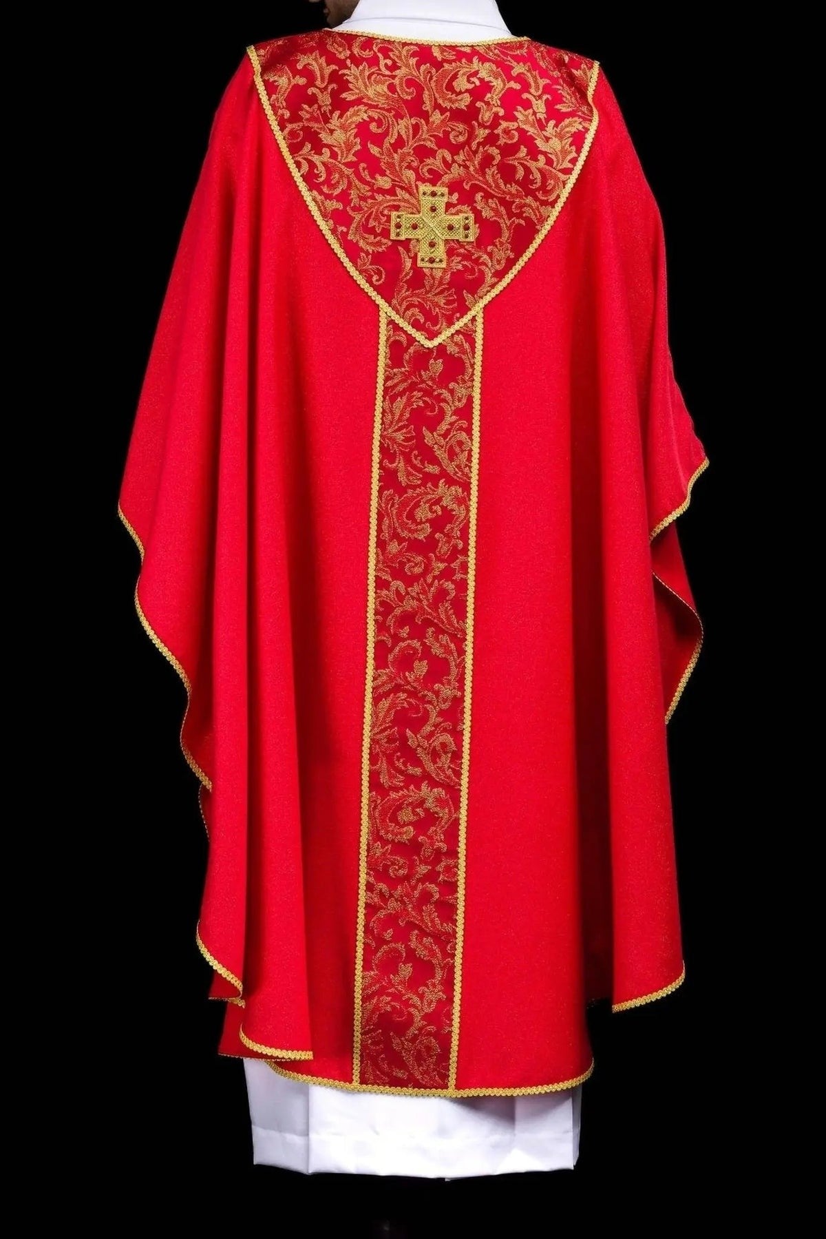 Red Chasuble with Cross and Jacquard Fabric — fabric detail