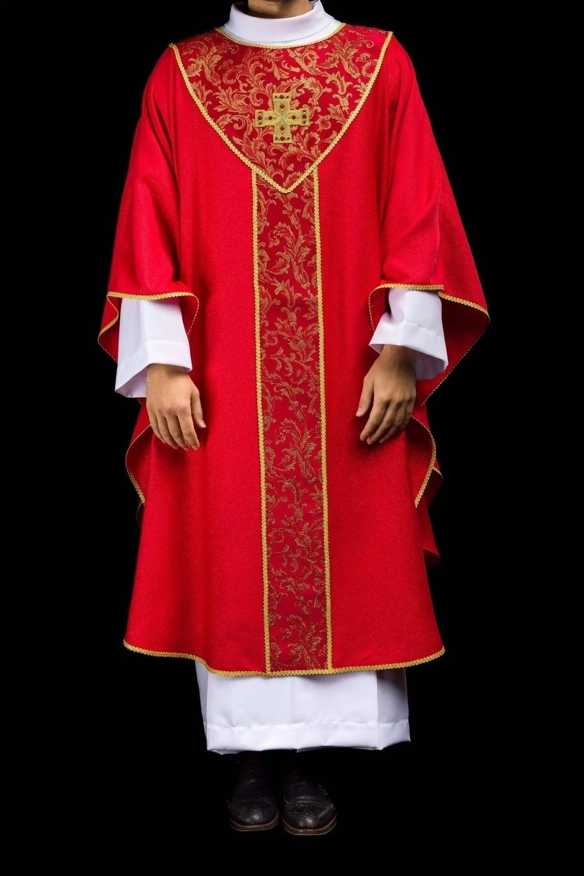 Red Chasuble with Cross and Jacquard Fabric — fit on celebrant