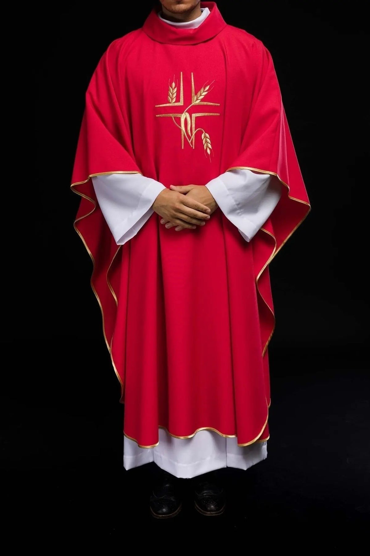 Red Chasuble with Cross and Wheat Embroidery — full view