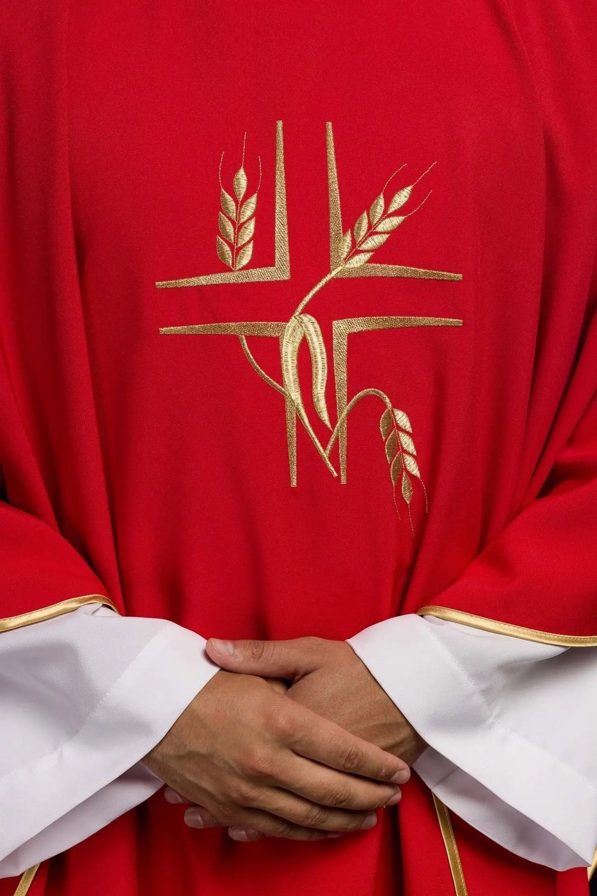 Red Chasuble with Cross and Wheat Embroidery — embroidery close-up