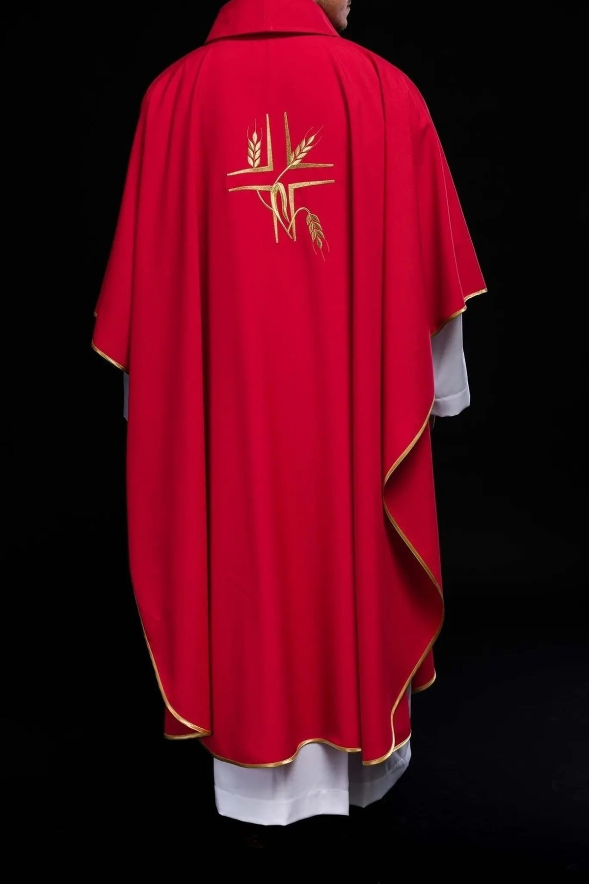 Red Chasuble with Cross and Wheat Embroidery — fabric detail