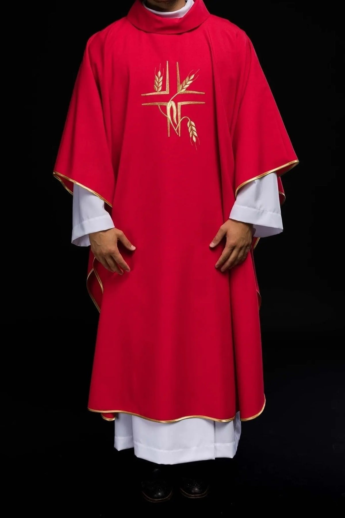 Red Chasuble with Cross and Wheat Embroidery — fit on celebrant